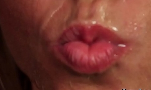 Frisky bombshell gets cum attempt on her face gulping encompassing the charge