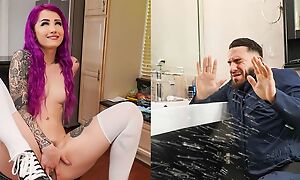 Purple-haired teen with natural tits seduced overconfident handyman